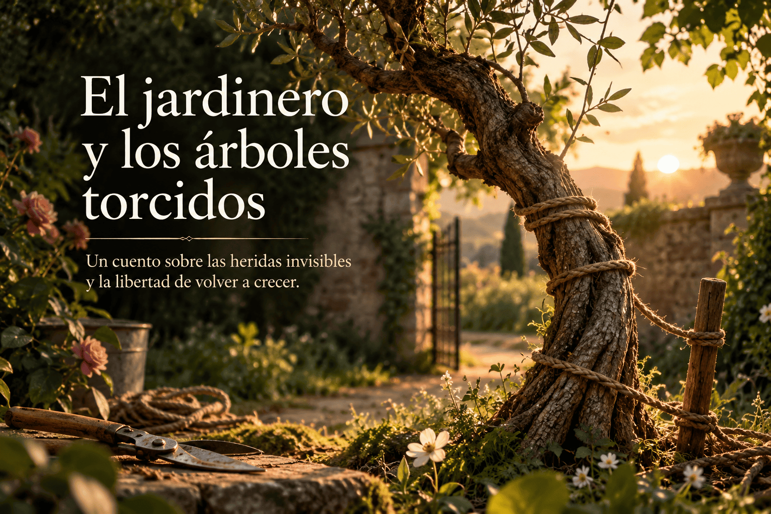 Ilustración de un árbol torcido sujeto con cuerdas en un jardín, símbolo de la manipulación emocional.