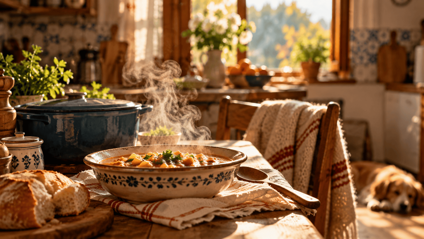 Cocina acogedora con un plato de comida casera, pan y luz cálida que evoca los recuerdos del hogar.