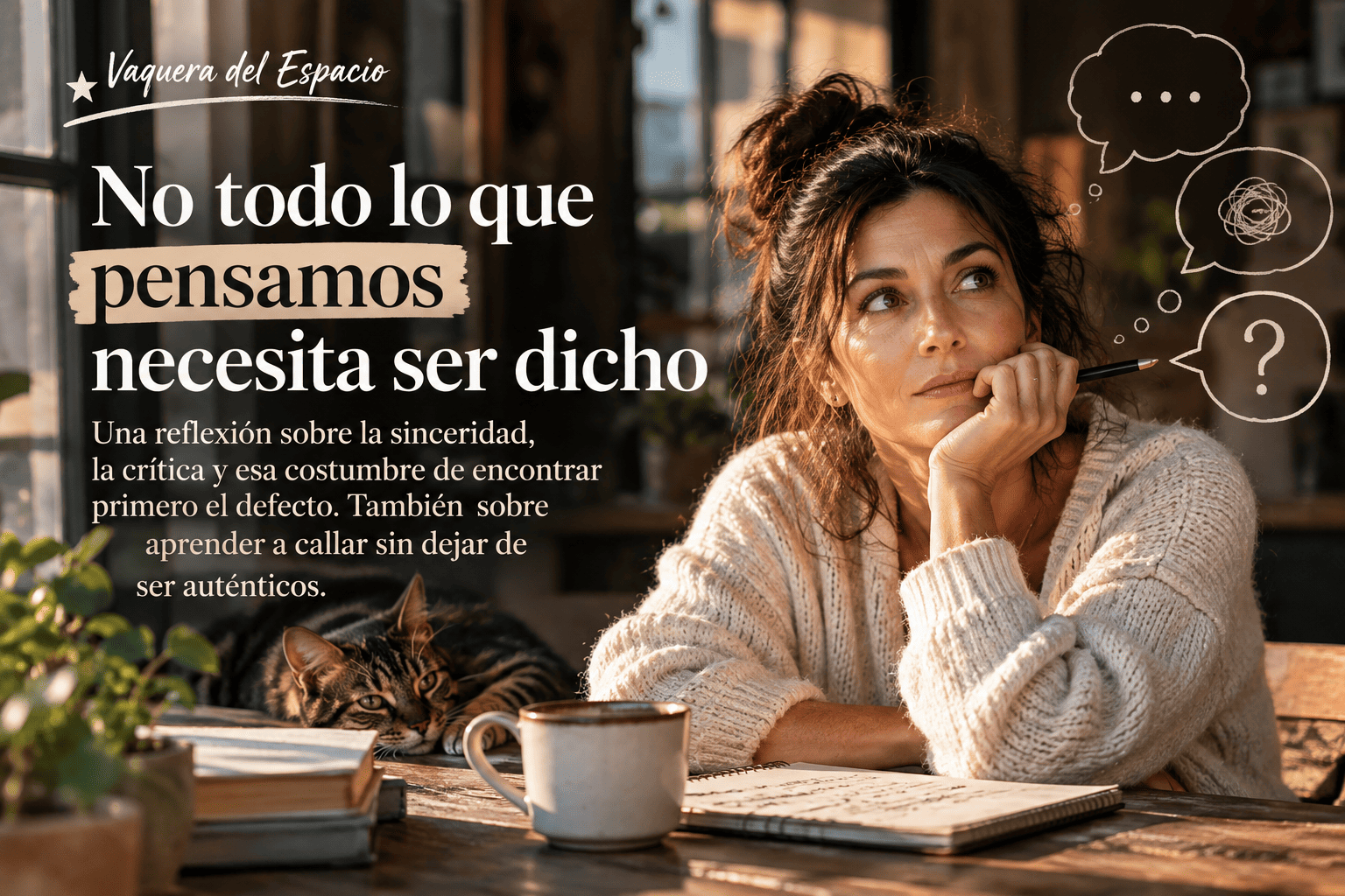 Mujer reflexionando frente al mar sobre la sinceridad, las críticas y la importancia de saber cuándo guardar silencio.
